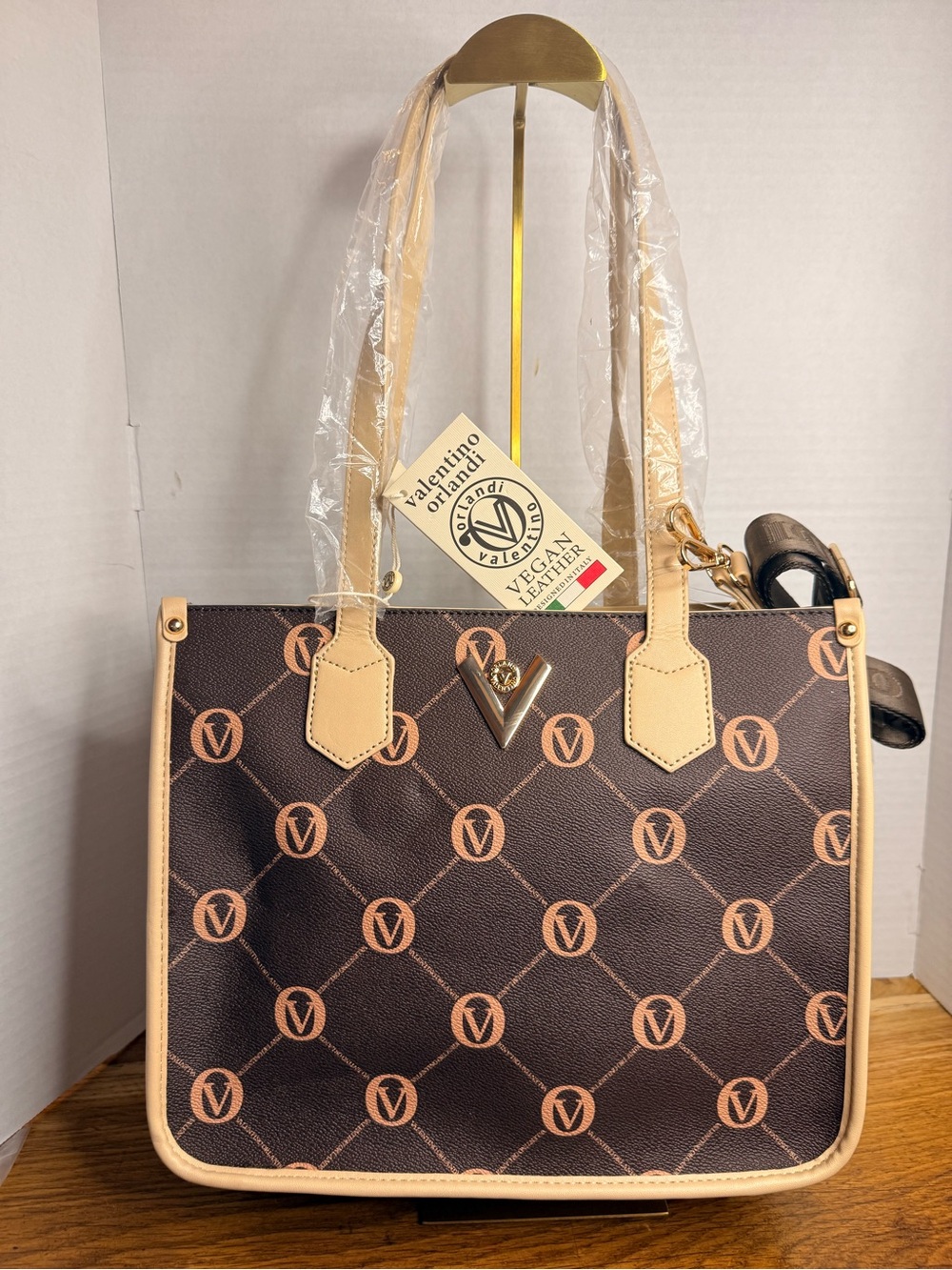 NWT Valentino Orlandi Italy Monogram VeganLeather Tote Crossbody Bag Brown/Cream